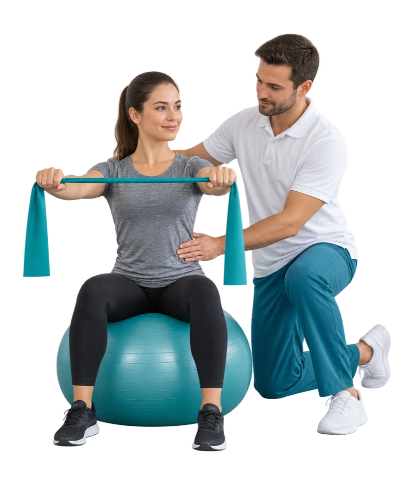 Physiotherapist guiding a patient through a resistance band exercise